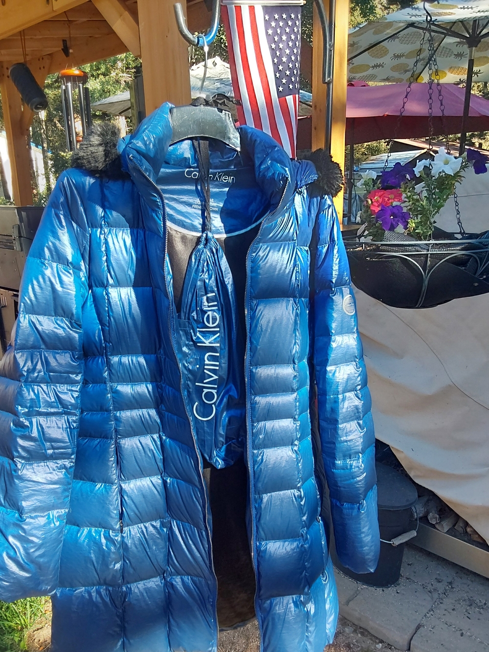 Calvin Klein Shiny Royal Blue Quilted Long Puffer Coat with Hood